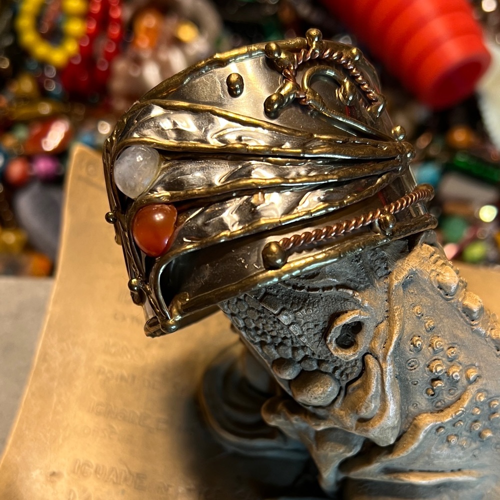 Artistic Gold and Silver Cuff Bracelet with Moonstone and Carnelian